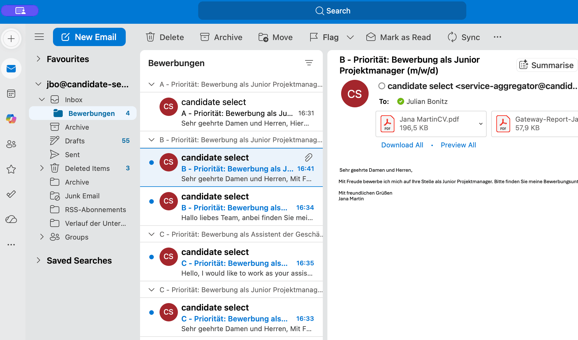 Outlook-Ansicht eines Bewerbungspostfachs mit priorisierten Bewerbungen